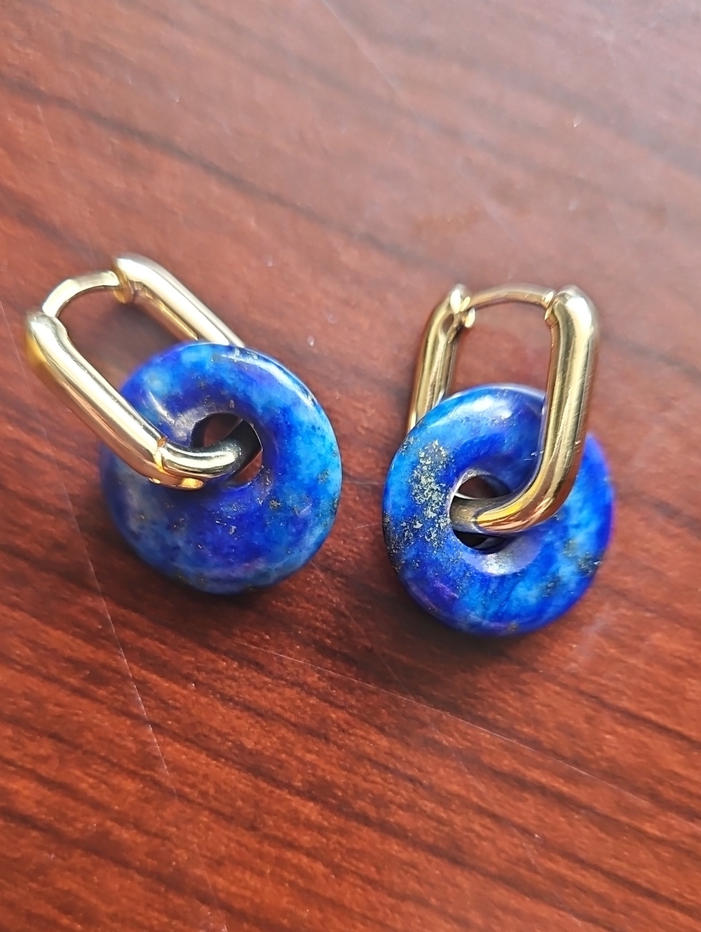 Gold Hoop Drop Earrings with Blue Lapis Donut Stones